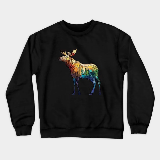 Moose Animal Portrait Stained Glass Wildlife Outdoors Adventure Crewneck Sweatshirt by Cubebox